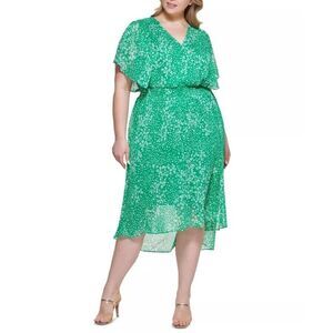 DKNY Dress Midi Womens Size 16 Flutter Sleeve Green‎ V Neck Flowy Career Office